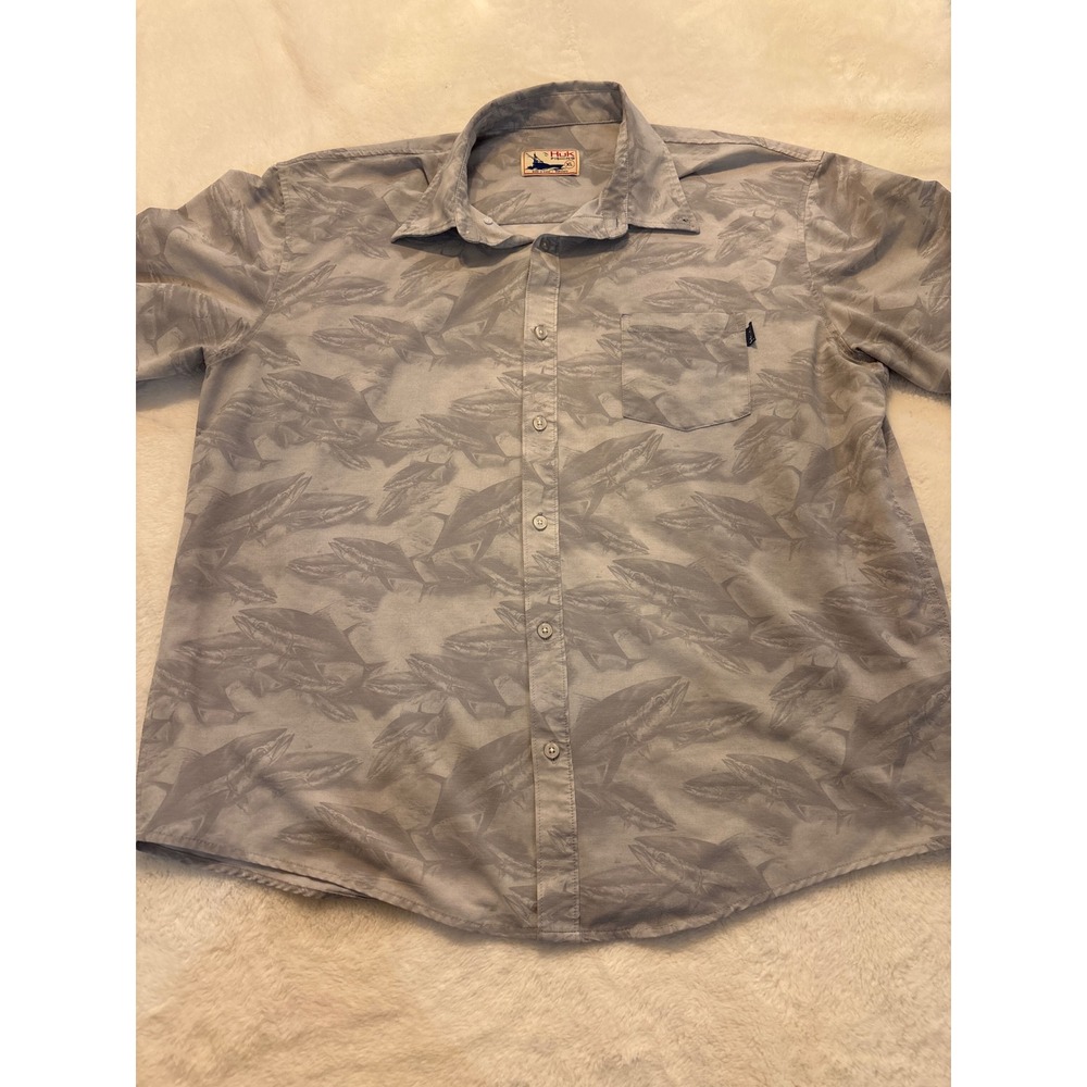 Huk Fishing Shirt Mens XL Gray Short Sleeve Tuna Fish Graphic Button Down Pocket